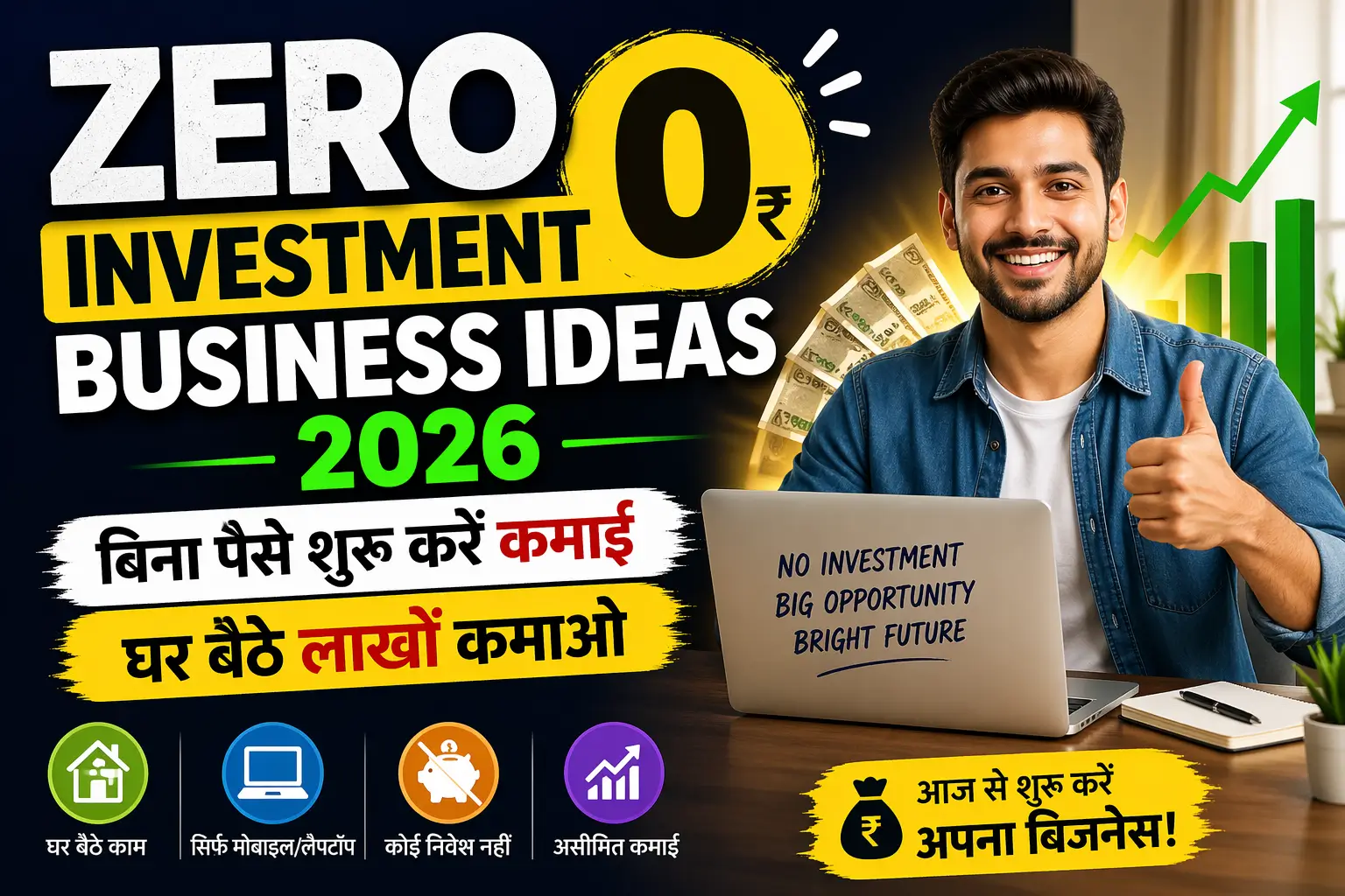 Zero Investment Business Ideas 2026 - बिना पैसे शुरू करें कमाई | घर बैठे लाखों कमाओ